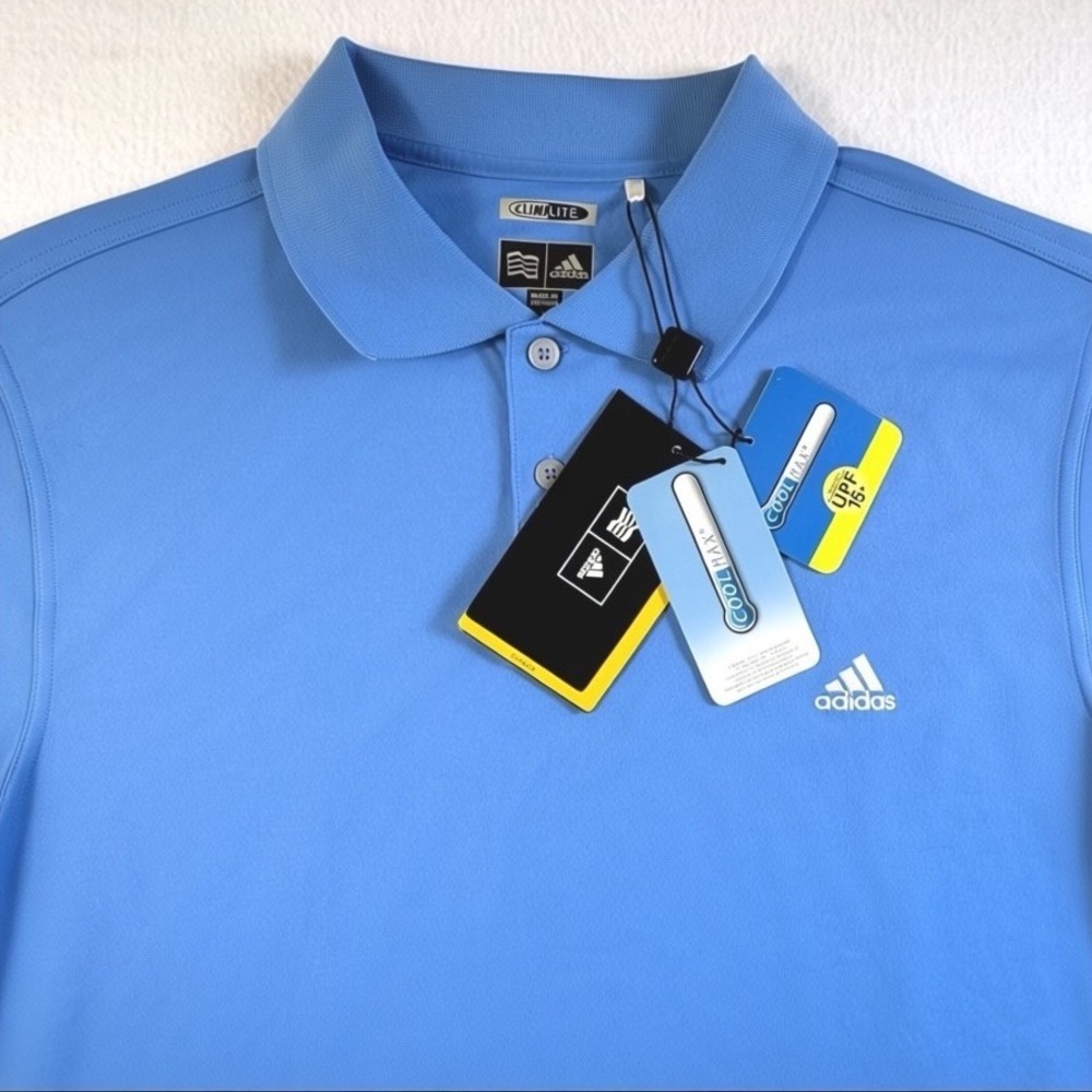 Adidas Polo Shirt Mens L Climalite CoolMax UPF 15 Jersey Blue‎ NWT